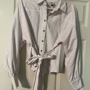 CAbi Beige and White Striped Blouse